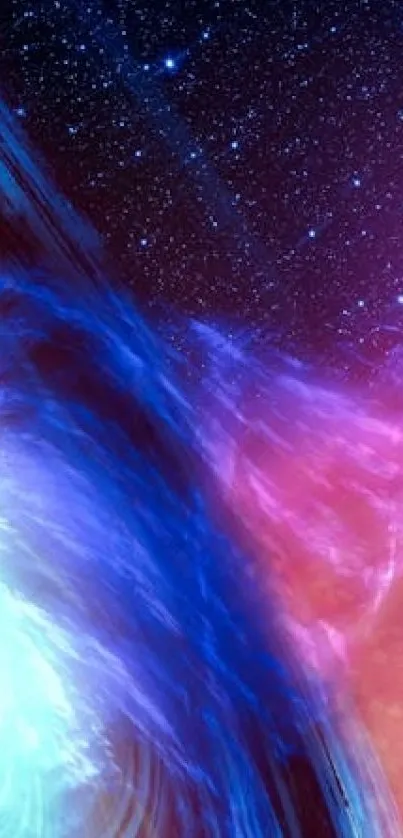 Colorful cosmic swirl wallpaper with stars in blue and pink hues.