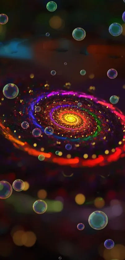 Vibrant cosmic swirl with colorful bubbles on a dark backdrop.