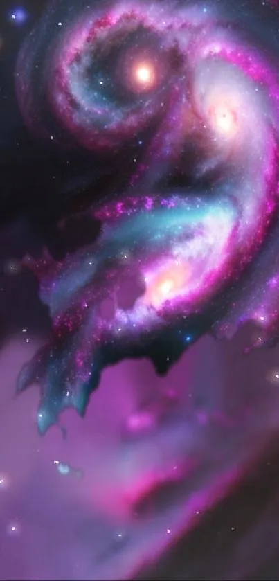 Vibrant cosmic swirl in purple, pink, and blue hues with bright nebulae.