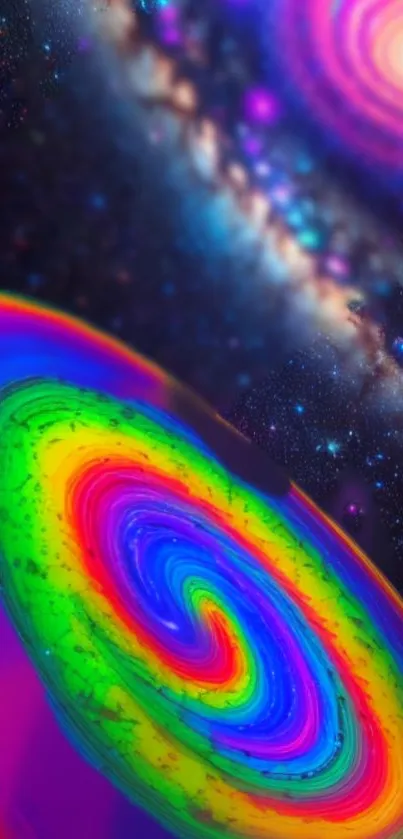 Colorful cosmic wallpaper with galaxy and rainbow swirl design.