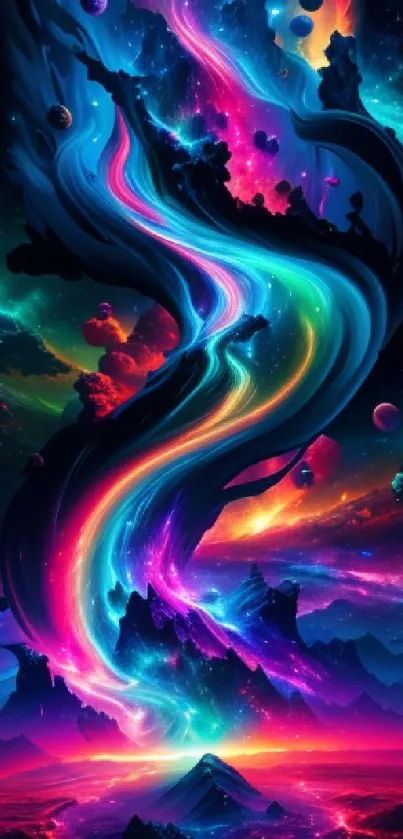 Vibrant cosmic swirl with neon galaxy colors.