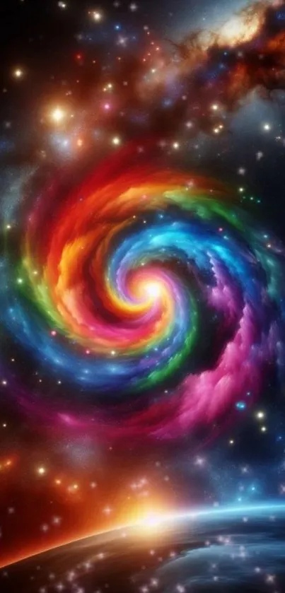 Vibrant cosmic swirl wallpaper with colorful galaxies and stars.