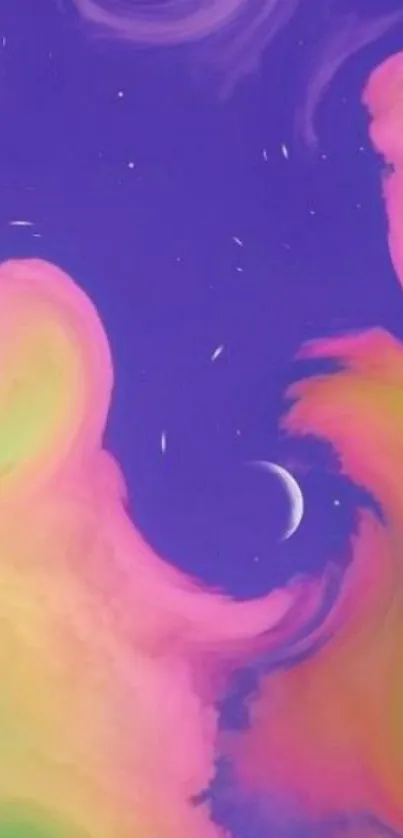 Vibrant cosmic swirl wallpaper with purple and pastel hues.