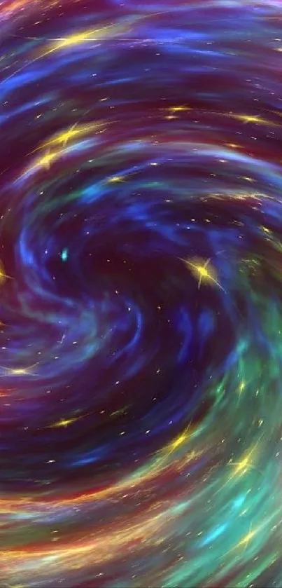 Vibrant cosmic swirl in space with colorful galaxy hues.