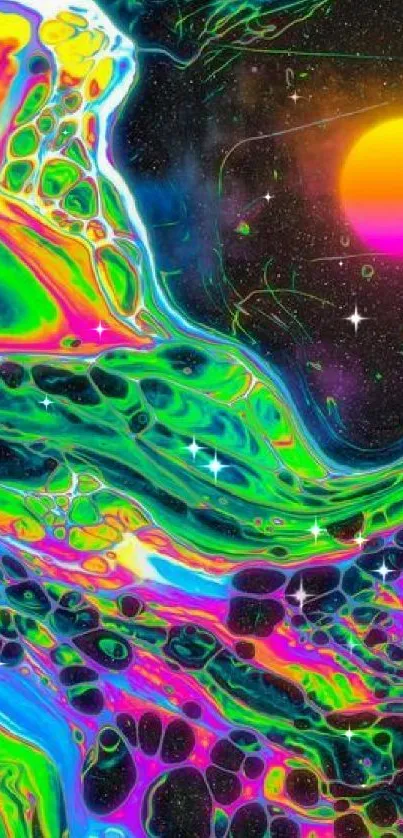 Psychedelic cosmic swirl wallpaper with neon colors and a vivid celestial glow.