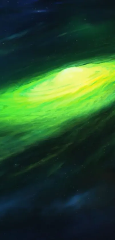 Vibrant green cosmic swirl on dark background wallpaper.