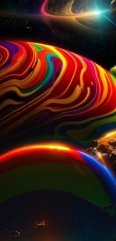 Vibrant cosmic swirl with rainbow planets and galaxy backdrop.