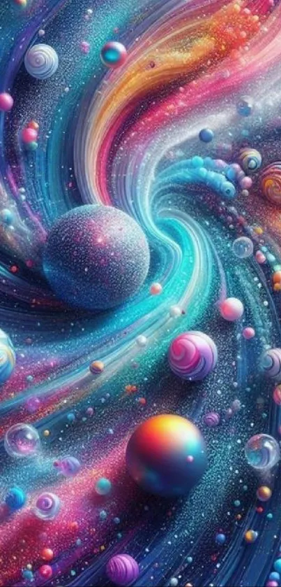 Colorful galaxy swirl with cosmic spheres in vibrant abstract art.