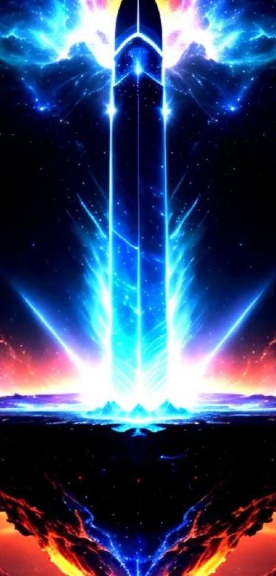 Vibrant cosmic sword glowing in celestial landscape.