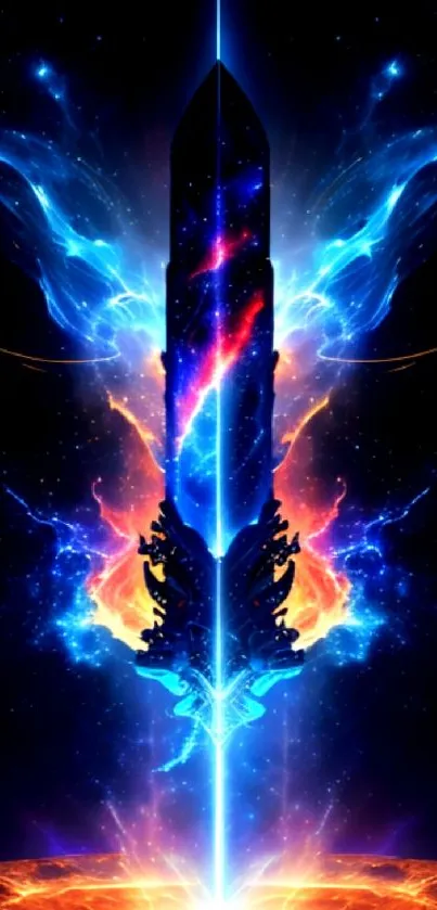 Abstract cosmic sword with vibrant blue and fiery orange energy.