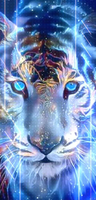 A vibrant cosmic tiger in a digital abstract design with vivid colors and starry details.