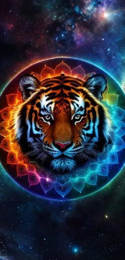 Vibrant cosmic tiger wallpaper with neon colors and galaxy background.