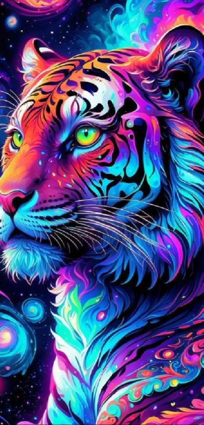 Vibrant neon cosmic tiger artwork with galaxy design.