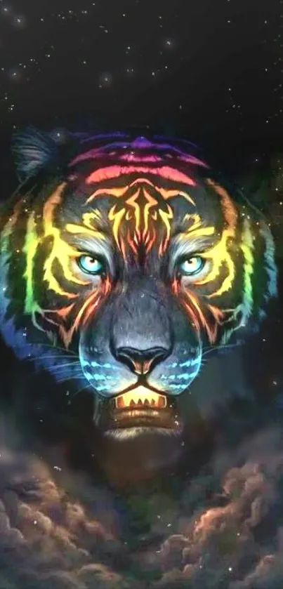 Vibrant cosmic tiger with neon colors on a dark starry background.