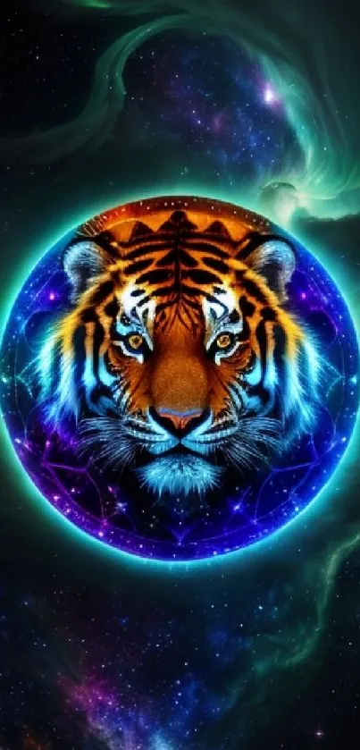 Stunning tiger artwork with cosmic and neon elements on a galaxy background.