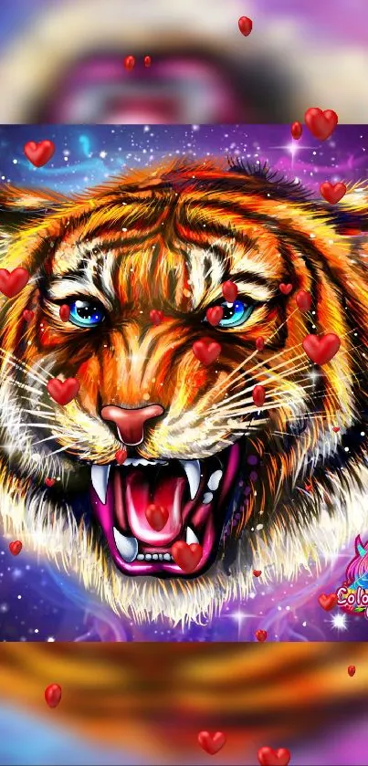 Colorful cosmic tiger artwork wallpaper with stars and hearts.