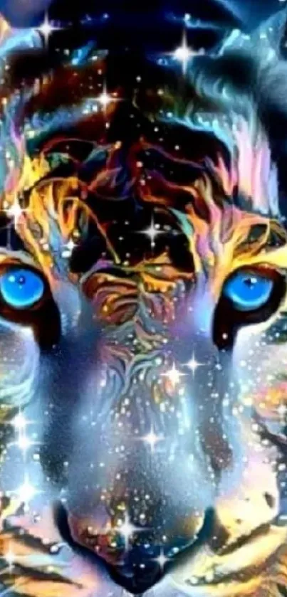 Cosmic tiger face with neon colors and sparkling starry effects.