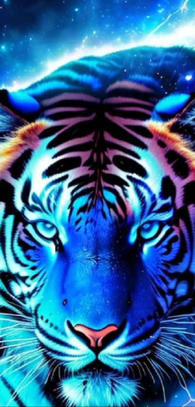 Blue cosmic tiger artwork with neon and galaxy elements.