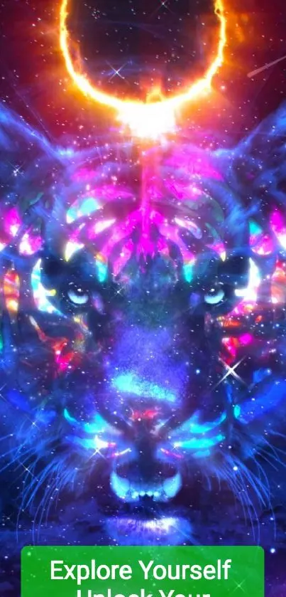 Vibrant cosmic tiger with neon colors and celestial design on phone wallpaper.