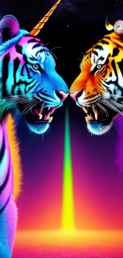 Vibrant cosmic fantasy featuring two colorful, glowing tigers facing each other.