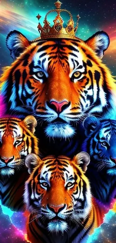 Crowned tiger with vibrant cosmic background.