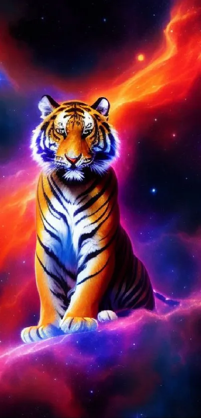 Majestic tiger in vibrant cosmic galaxy on mobile wallpaper.