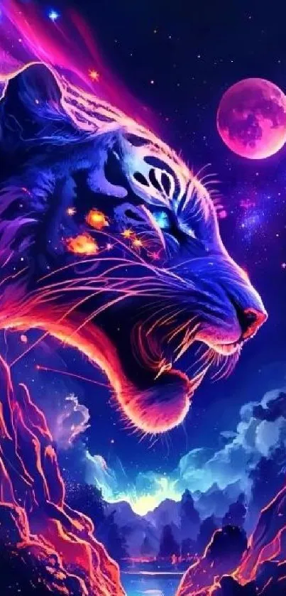 Vibrant neon tiger fantasy art with cosmic elements and a colorful sky.