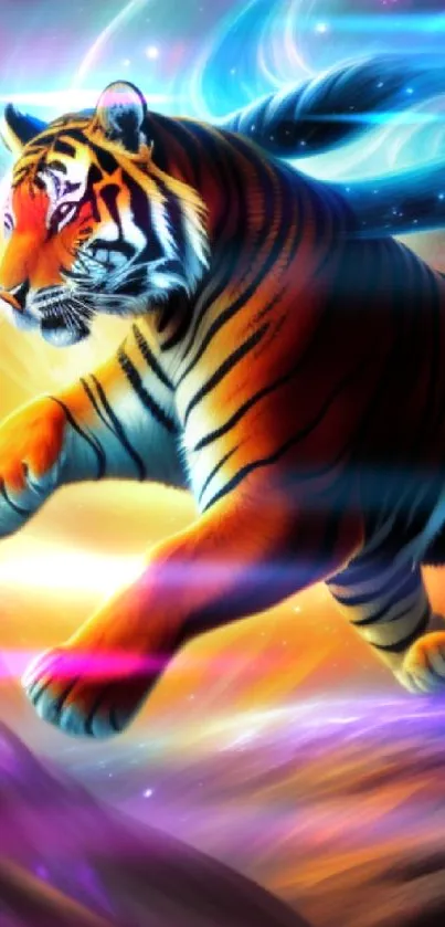 Majestic tiger leaping through a vibrant cosmic galaxy.