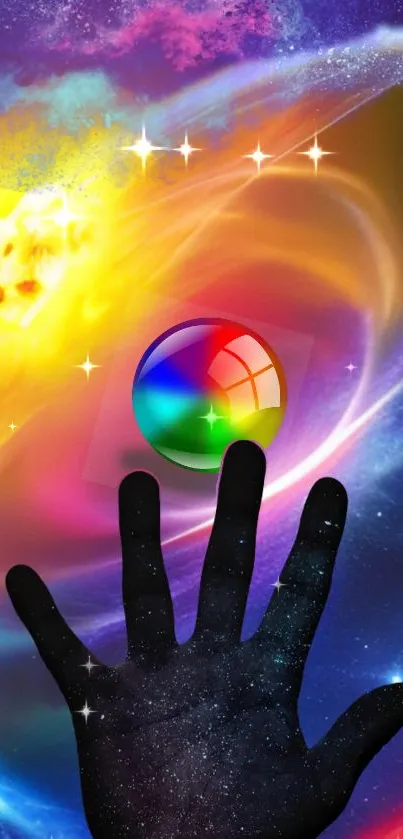 Hand reaching toward colorful orb in cosmic abstract scene.