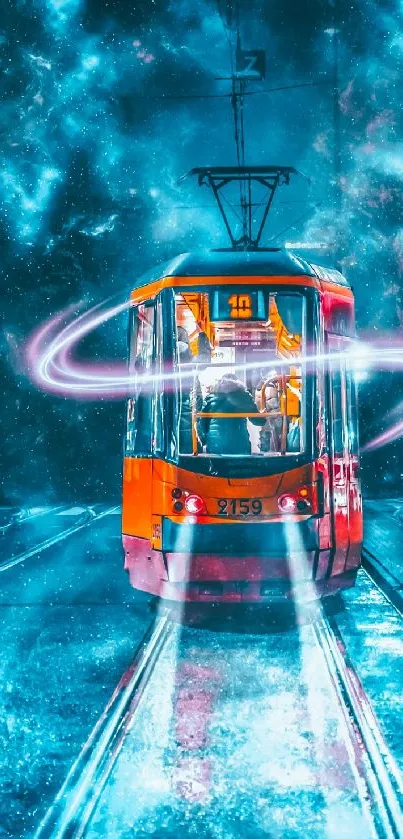 Surreal tram in cosmic turquoise landscape with neon glow.