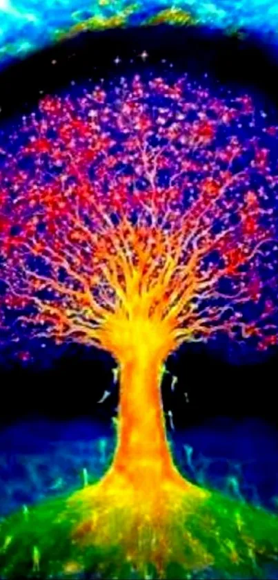 Vibrant cosmic tree with neon colors and stars on a dark blue background.
