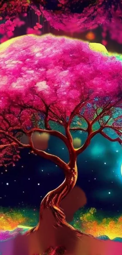 Vibrant cosmic tree with glowing moon on a colorful night sky wallpaper.