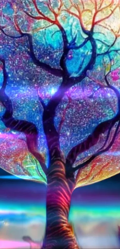 Vibrant cosmic tree art on a celestial backdrop for mobile wallpaper.