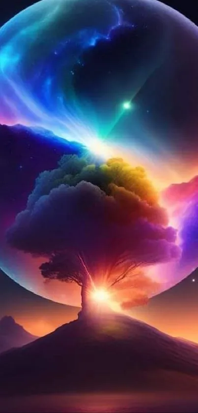 Vibrant cosmic tree with colorful sky in abstract landscape.