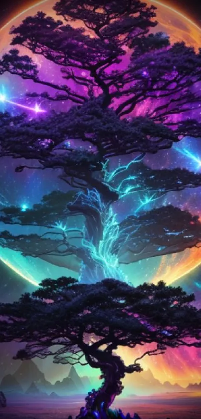 A mystical cosmic tree with a vibrant celestial background in colorful hues.