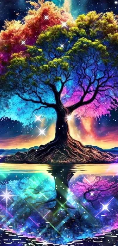 Vibrant cosmic tree with colorful reflection under a starlit sky.