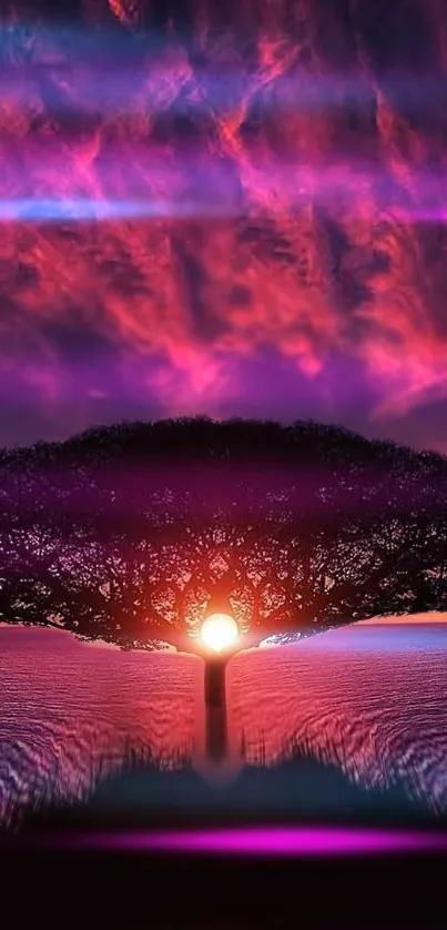 Vibrant cosmic sunset with lone tree silhouette in purple hues.