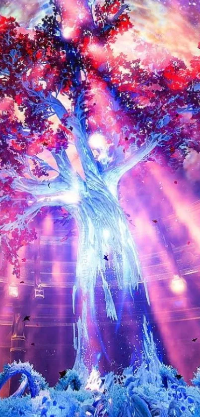 Vibrant cosmic tree with pink and purple hues in a mystical galaxy setting.