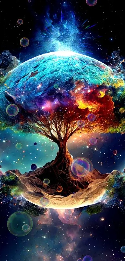 Vibrant cosmic tree set against a colorful galaxy backdrop.