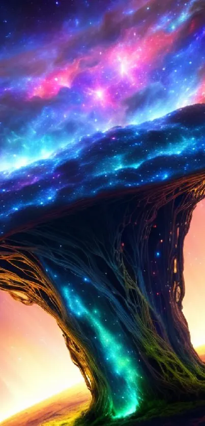 Vibrant cosmic tree with galaxy background, fantasy art wallpaper.