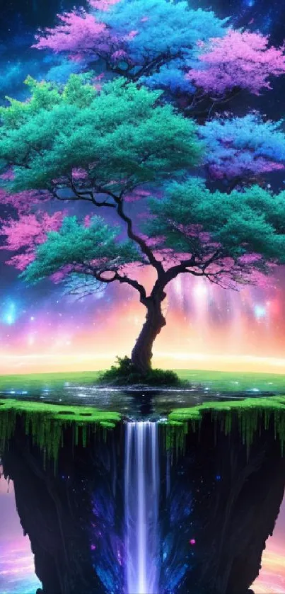 Vibrant cosmic tree on floating island with waterfall under galaxy sky.