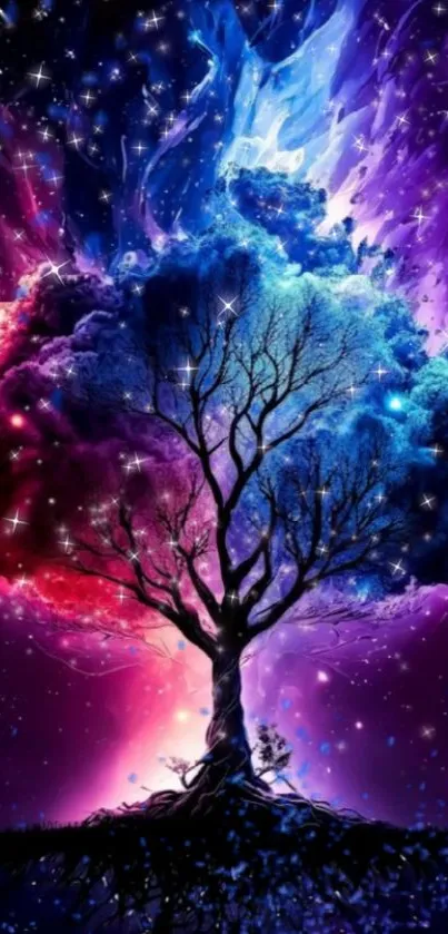 Vibrant cosmic tree with a colorful galaxy background.