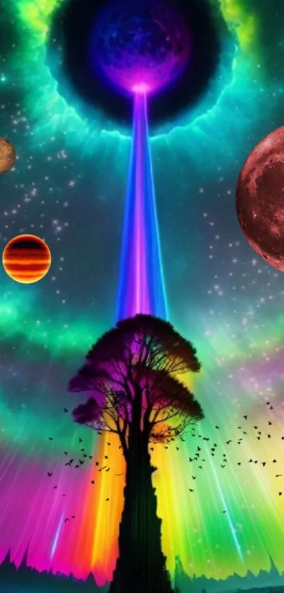 Vibrant cosmic aurora with colorful beams and tree silhouette.