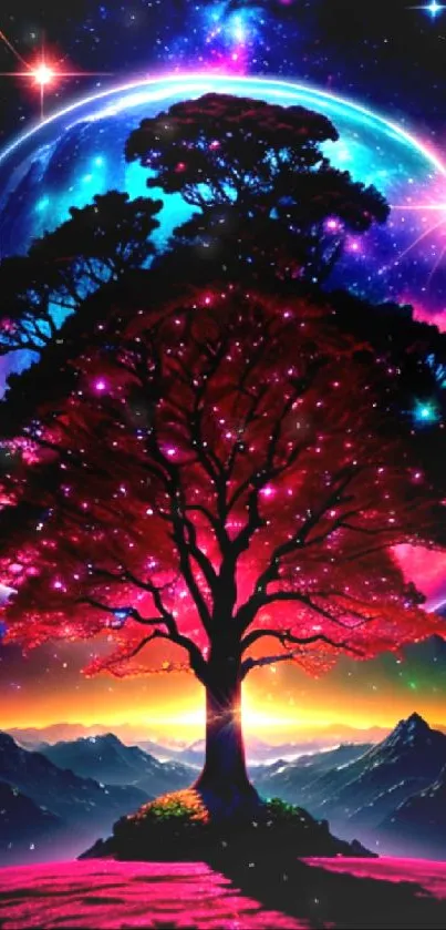 Colorful cosmic tree with a fuchsia sky and stars on a mobile wallpaper.