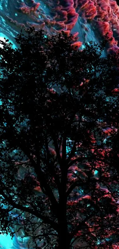 Tree silhouette against vibrant cosmic nebula in teal and red hues.