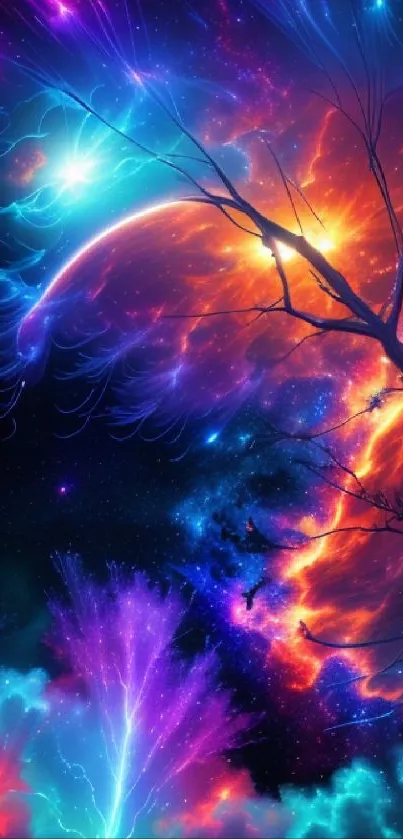 Vibrant cosmic tree with colorful neon glow in abstract design.