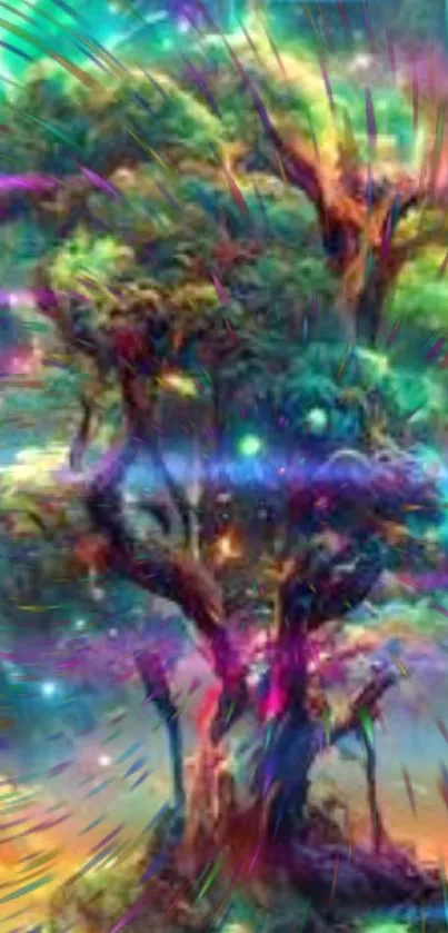 Vibrant cosmic tree wallpaper with mystical colors and ethereal charm.