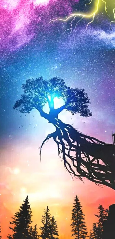 Surreal cosmic wallpaper featuring a tree rooted in a vibrant, colorful space landscape.