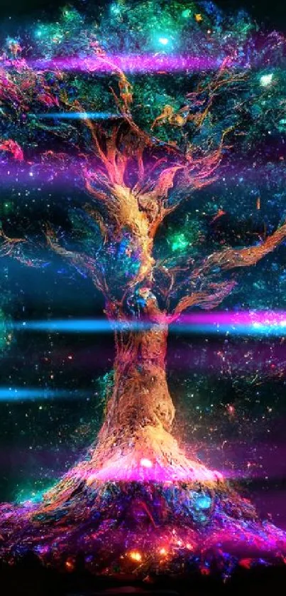 Colorful cosmic tree glowing in neon hues against a dark backdrop.