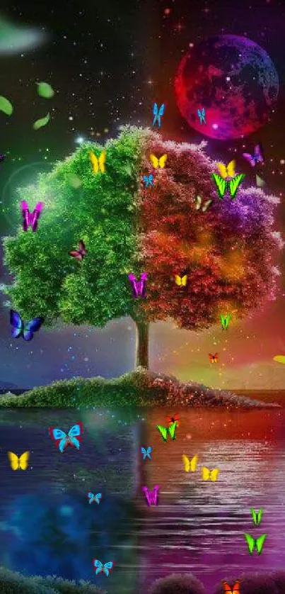 Vibrant cosmic tree with butterflies and moon on a fantasy island.